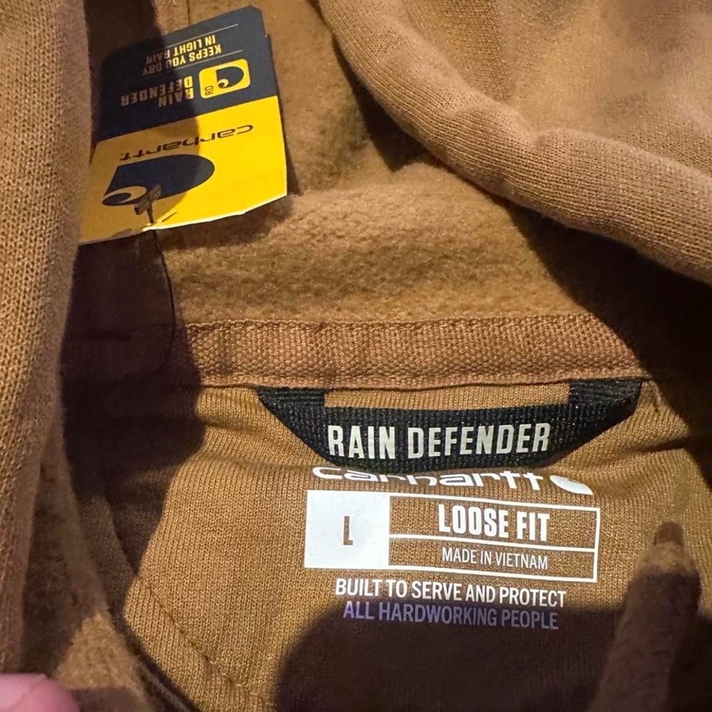 Carhartt Brown Pullover Hoodie with Yellow Sleeve Logo - Picture 3 of 4